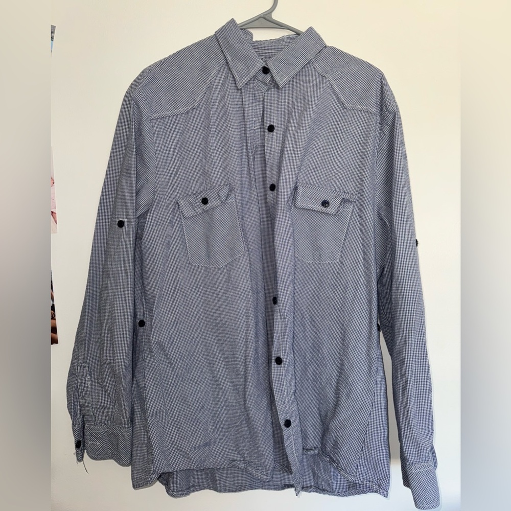Men's Blue and White Casual Button Down Shirt